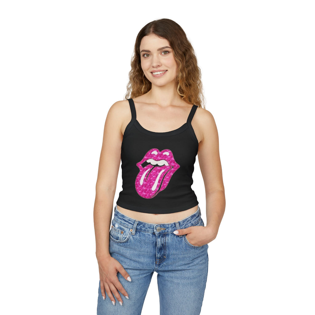 Top crop in jersey brillante con lingue