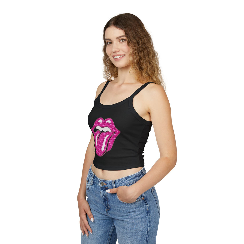 Top crop in jersey brillante con lingue